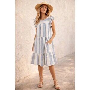 J Crew Blue White Striped Tiered Midi Dress Linen Blend Flutter Sleeves Size 10